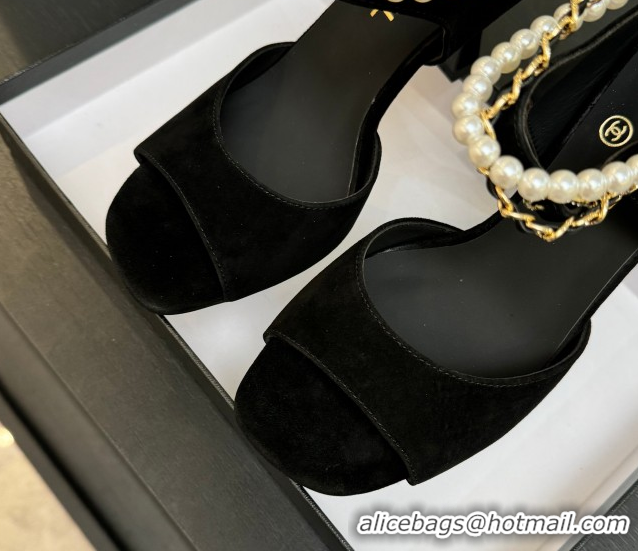 Best Grade Chanel Suede Heel Sandals 8cm with Chain and Pearls Black 2025 G46658