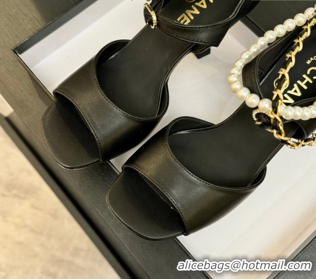 Best Grade Chanel Suede Heel Sandals 8cm with Chain and Pearls Black 2025 G46658