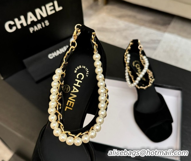 Best Grade Chanel Suede Heel Sandals 8cm with Chain and Pearls Black 2025 G46658