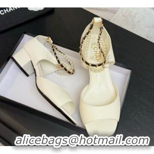 Good Looking Chanel Lambskin Low Heel Sandals with Chain and Pearls White 2025 G46658