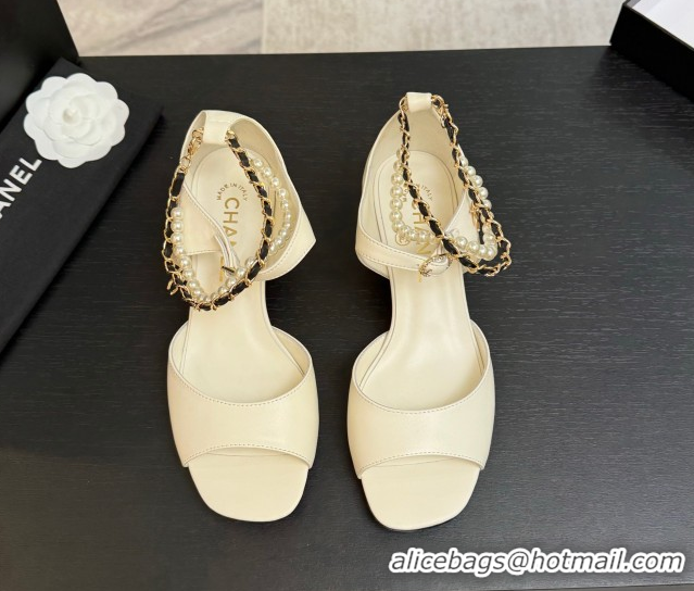 Good Looking Chanel Lambskin Low Heel Sandals with Chain and Pearls White 2025 G46658