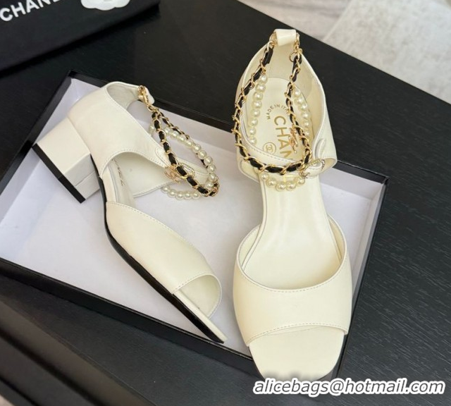 Good Looking Chanel Lambskin Low Heel Sandals with Chain and Pearls White 2025 G46658