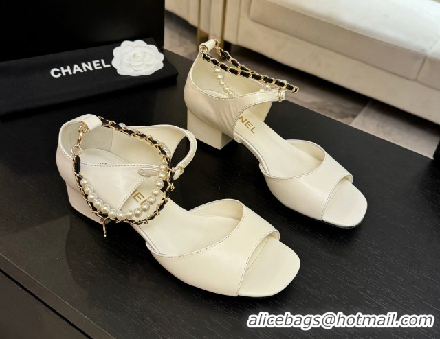 Good Looking Chanel Lambskin Low Heel Sandals with Chain and Pearls White 2025 G46658
