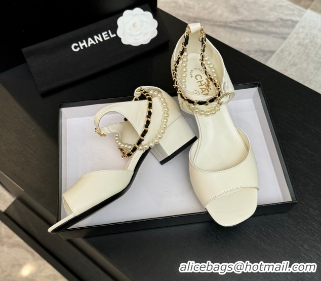 Good Looking Chanel Lambskin Low Heel Sandals with Chain and Pearls White 2025 G46658