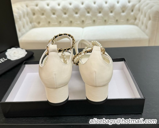 Good Looking Chanel Lambskin Low Heel Sandals with Chain and Pearls White 2025 G46658