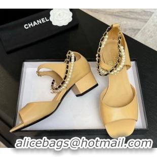 Best Product Chanel Lambskin Low Heel Sandals with Chain and Pearls Beige 2025 G46658