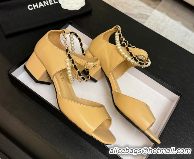Best Product Chanel Lambskin Low Heel Sandals with Chain and Pearls Beige 2025 G46658