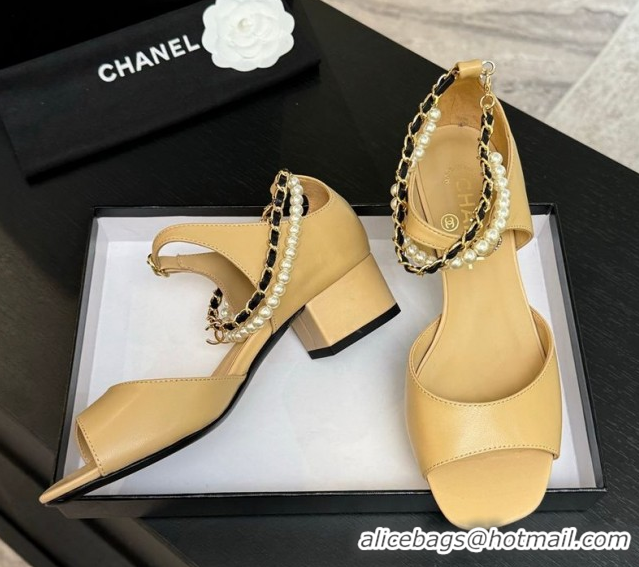 Best Product Chanel Lambskin Low Heel Sandals with Chain and Pearls Beige 2025 G46658