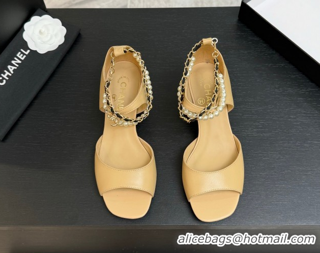 Best Product Chanel Lambskin Low Heel Sandals with Chain and Pearls Beige 2025 G46658