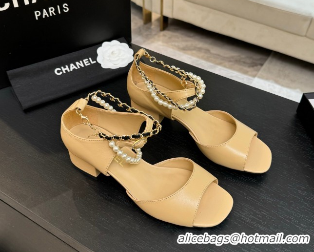 Best Product Chanel Lambskin Low Heel Sandals with Chain and Pearls Beige 2025 G46658