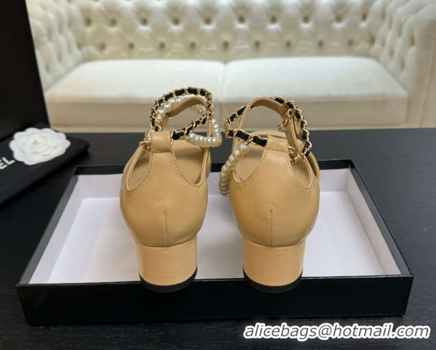 Best Product Chanel Lambskin Low Heel Sandals with Chain and Pearls Beige 2025 G46658
