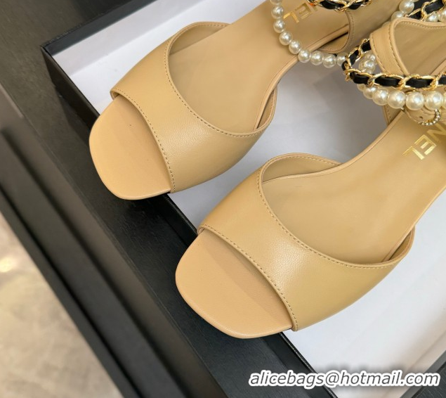 Best Product Chanel Lambskin Low Heel Sandals with Chain and Pearls Beige 2025 G46658