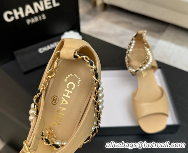 Best Product Chanel Lambskin Low Heel Sandals with Chain and Pearls Beige 2025 G46658
