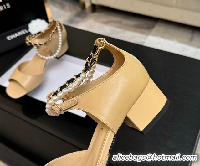 Best Product Chanel Lambskin Low Heel Sandals with Chain and Pearls Beige 2025 G46658