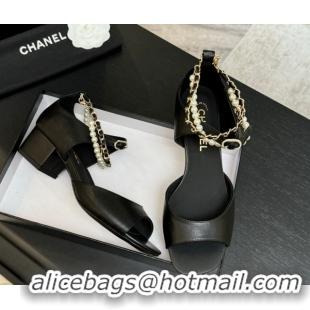 Top Design Chanel Lambskin Low Heel Sandals with Chain and Pearls Black 2025 G46658