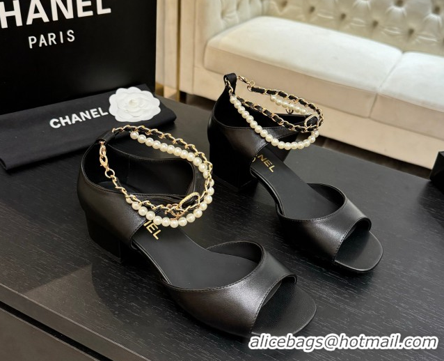 Top Design Chanel Lambskin Low Heel Sandals with Chain and Pearls Black 2025 G46658