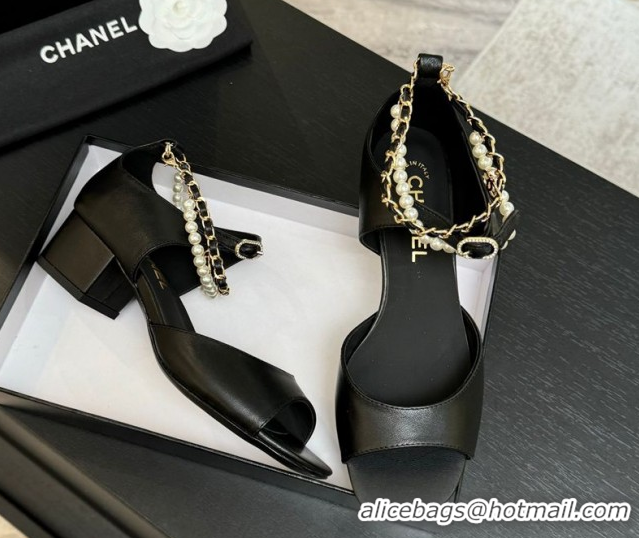 Top Design Chanel Lambskin Low Heel Sandals with Chain and Pearls Black 2025 G46658