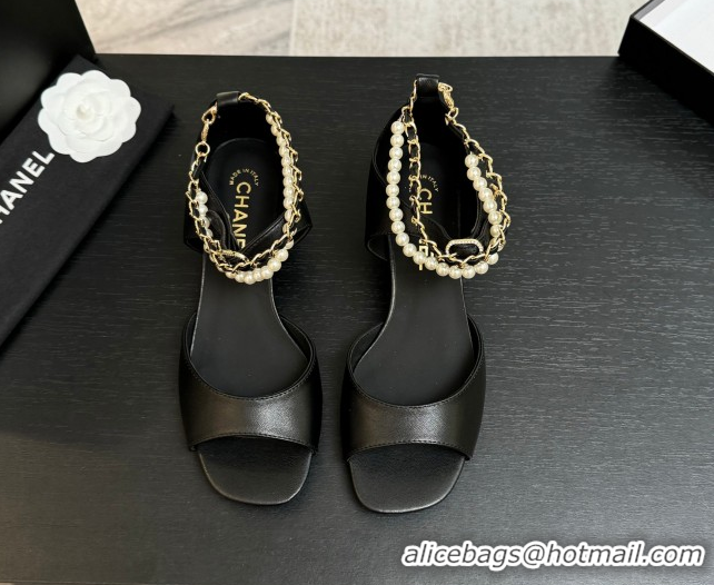 Top Design Chanel Lambskin Low Heel Sandals with Chain and Pearls Black 2025 G46658