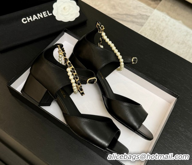 Top Design Chanel Lambskin Low Heel Sandals with Chain and Pearls Black 2025 G46658