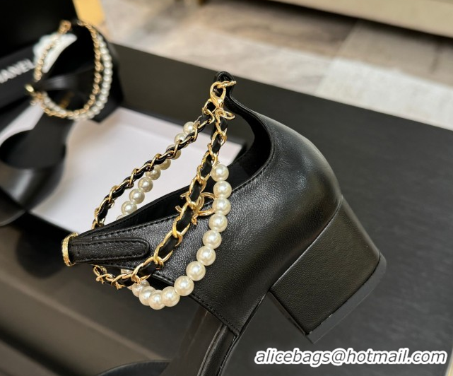 Top Design Chanel Lambskin Low Heel Sandals with Chain and Pearls Black 2025 G46658