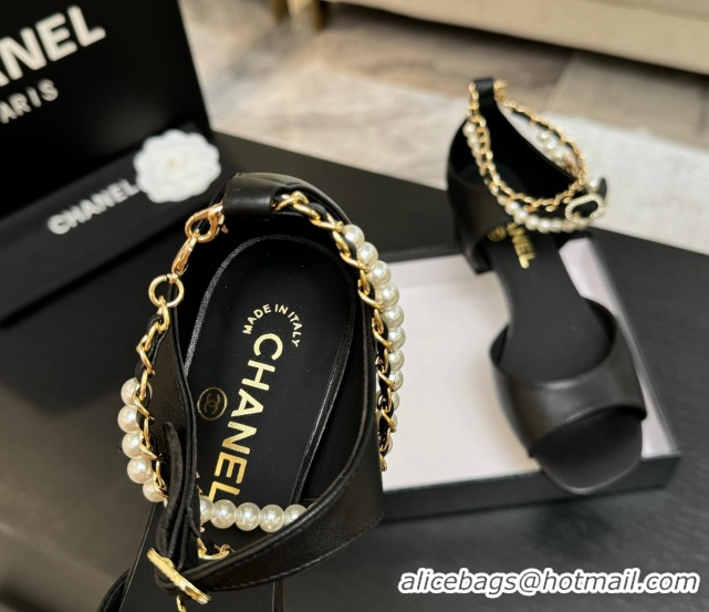 Top Design Chanel Lambskin Low Heel Sandals with Chain and Pearls Black 2025 G46658
