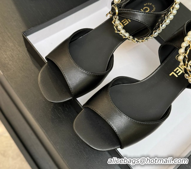 Top Design Chanel Lambskin Low Heel Sandals with Chain and Pearls Black 2025 G46658