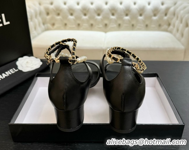 Top Design Chanel Lambskin Low Heel Sandals with Chain and Pearls Black 2025 G46658