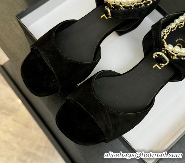 Shop Duplicate Chanel Suede Low Heel Sandals with Chain and Pearls Black 2025 G46658