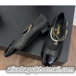 Luxurious Chanel Lambskin & Patent Calfskin Mary Janes Ballet Flats with Chain and Pearls Black 2025 G46718