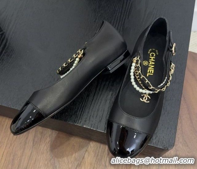 Luxurious Chanel Lambskin & Patent Calfskin Mary Janes Ballet Flats with Chain and Pearls Black 2025 G46718