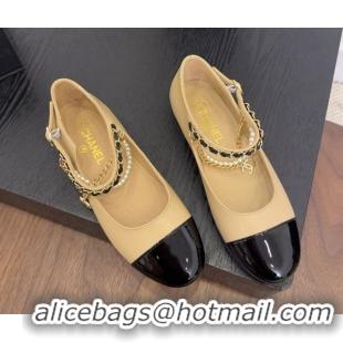 Cheap Price Chanel Lambskin & Patent Calfskin Mary Janes Ballet Flats with Chain and Pearls Beige 2025 G46718