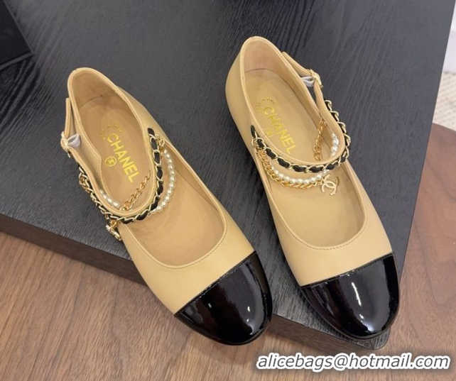 Cheap Price Chanel Lambskin & Patent Calfskin Mary Janes Ballet Flats with Chain and Pearls Beige 2025 G46718