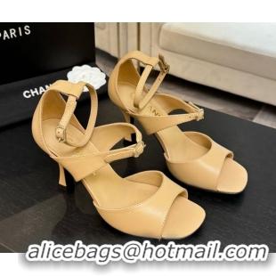 Low Price Chanel Lambskin Heel Sandals 8cm with Strass Buckles Beige 2025 G46657