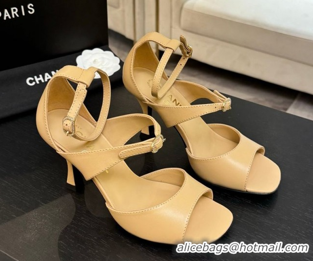 Low Price Chanel Lambskin Heel Sandals 8cm with Strass Buckles Beige 2025 G46657