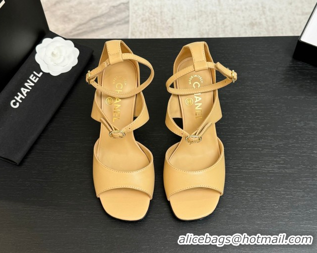 Low Price Chanel Lambskin Heel Sandals 8cm with Strass Buckles Beige 2025 G46657