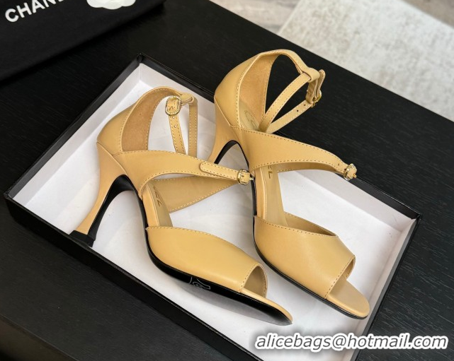 Low Price Chanel Lambskin Heel Sandals 8cm with Strass Buckles Beige 2025 G46657