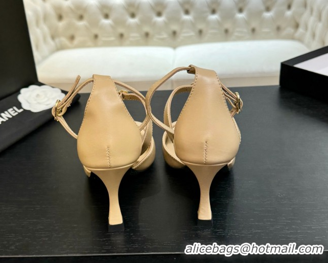 Low Price Chanel Lambskin Heel Sandals 8cm with Strass Buckles Beige 2025 G46657