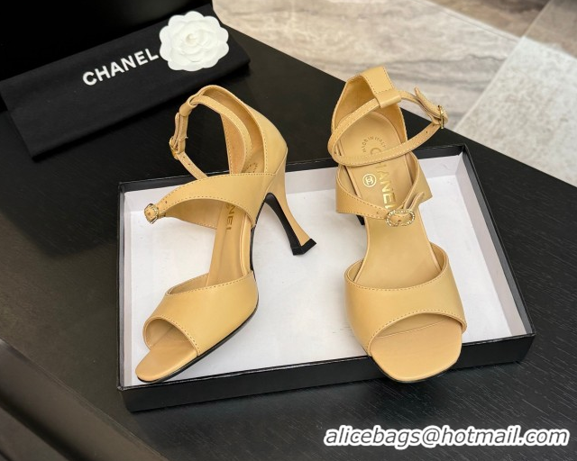 Low Price Chanel Lambskin Heel Sandals 8cm with Strass Buckles Beige 2025 G46657