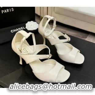 Lowest Price Chanel Lambskin Heel Sandals 8cm with Strass Buckles White 2025 G46657