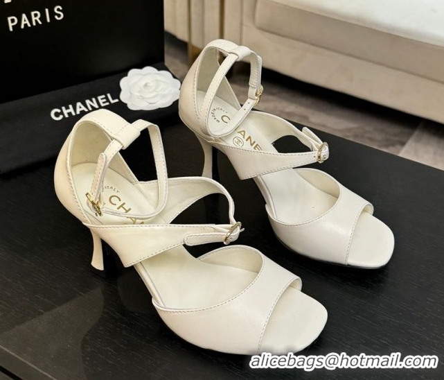 Lowest Price Chanel Lambskin Heel Sandals 8cm with Strass Buckles White 2025 G46657