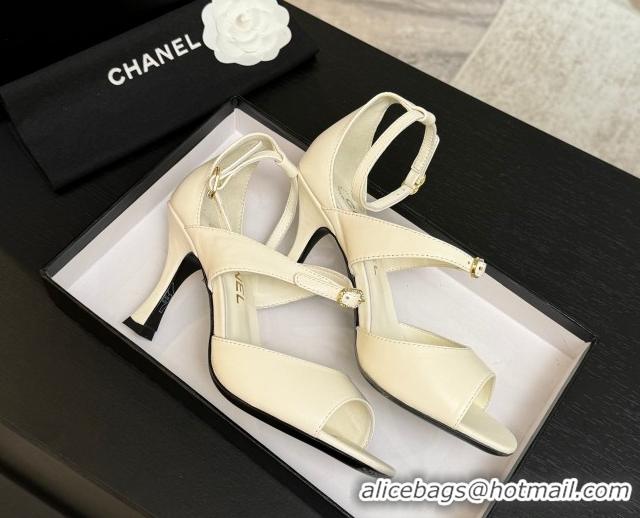 Lowest Price Chanel Lambskin Heel Sandals 8cm with Strass Buckles White 2025 G46657