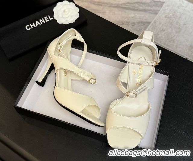 Lowest Price Chanel Lambskin Heel Sandals 8cm with Strass Buckles White 2025 G46657