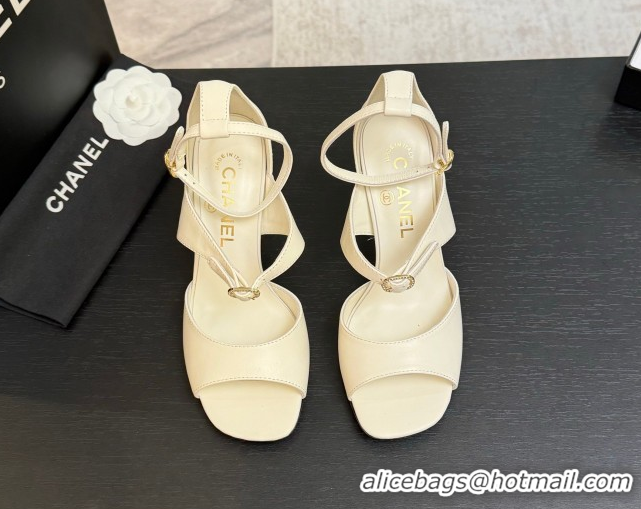 Lowest Price Chanel Lambskin Heel Sandals 8cm with Strass Buckles White 2025 G46657