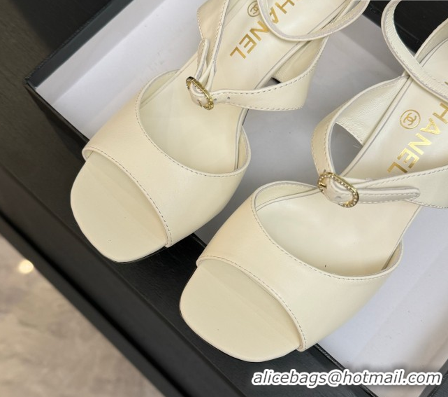 Lowest Price Chanel Lambskin Heel Sandals 8cm with Strass Buckles White 2025 G46657