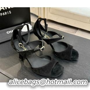 Good Product Chanel Suede Heel Sandals 8cm with Strass Buckles Black 2025 G46657