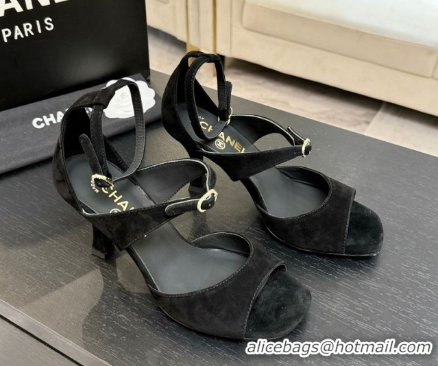 Good Product Chanel Suede Heel Sandals 8cm with Strass Buckles Black 2025 G46657