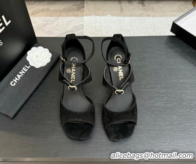 Good Product Chanel Suede Heel Sandals 8cm with Strass Buckles Black 2025 G46657