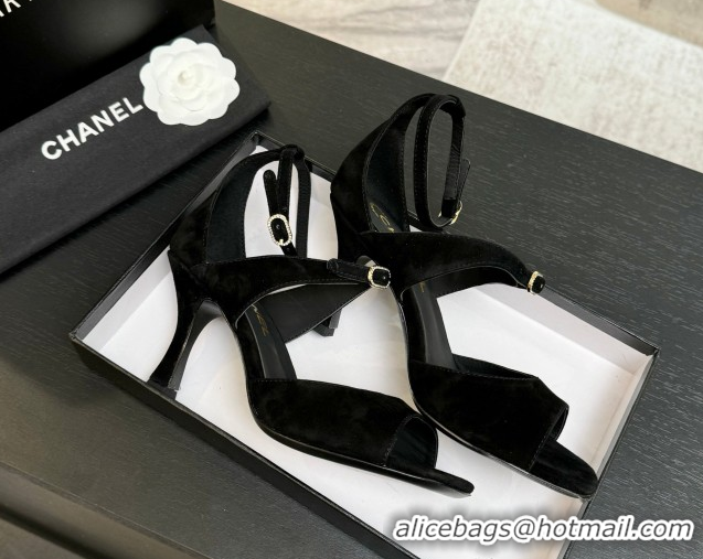 Good Product Chanel Suede Heel Sandals 8cm with Strass Buckles Black 2025 G46657