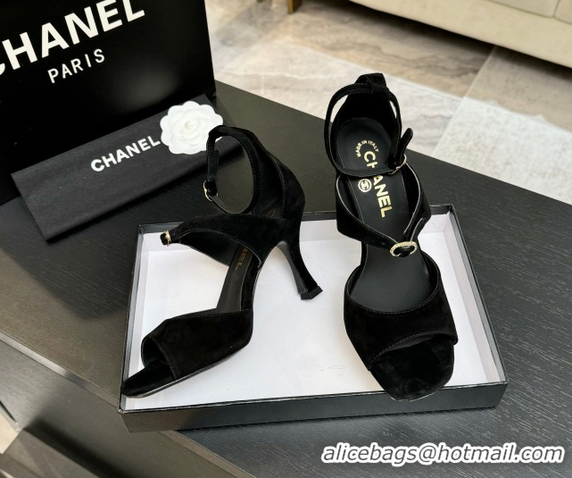 Good Product Chanel Suede Heel Sandals 8cm with Strass Buckles Black 2025 G46657