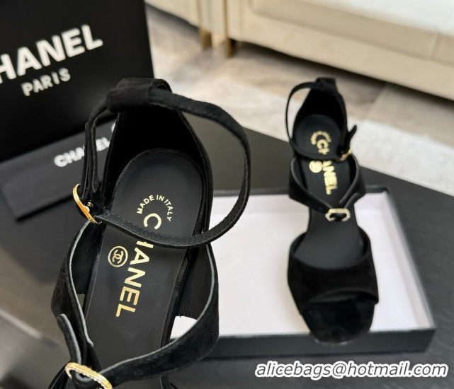 Good Product Chanel Suede Heel Sandals 8cm with Strass Buckles Black 2025 G46657